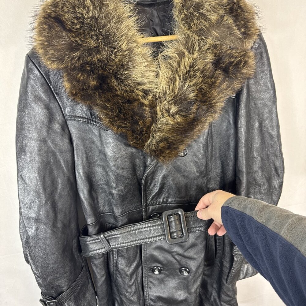 Women’s Black Leather Trench Coat with Brown Fur Collar